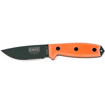 ESEE Knives Esee-3, Olive Drab Blade / Orange G10 Handle / Serrated Edge / Black Molded Sheath /w Clip Plate