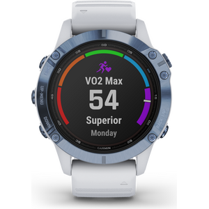 Garmin Fenix 6 Pro Solar, Mineral Blue Titanium with Whitestone Band