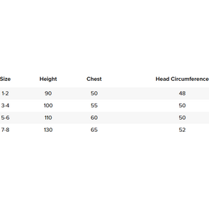 Sizing information is listed in centimetres